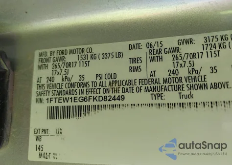 2015 Ford F-150 Xlt z USA, uszkodzony, nr VIN 1FTEW1EG6FKD82449